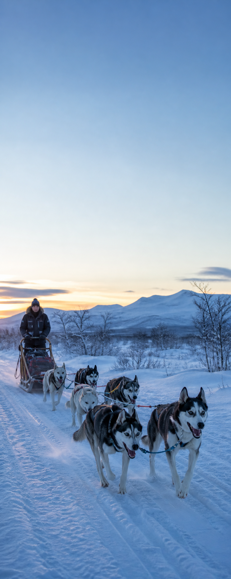 Slädhundsekipage på ett vinterspår i fjällmiljö